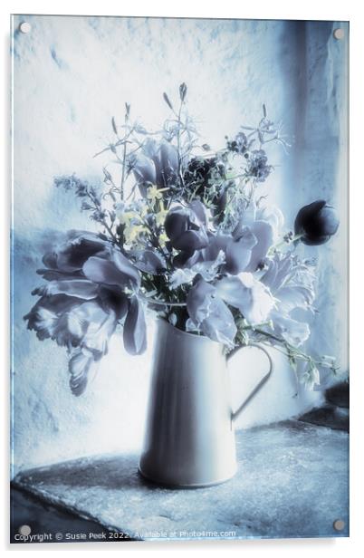 Rustic Elegance: Blue-Toned Floral Display Acrylic by Susie Peek