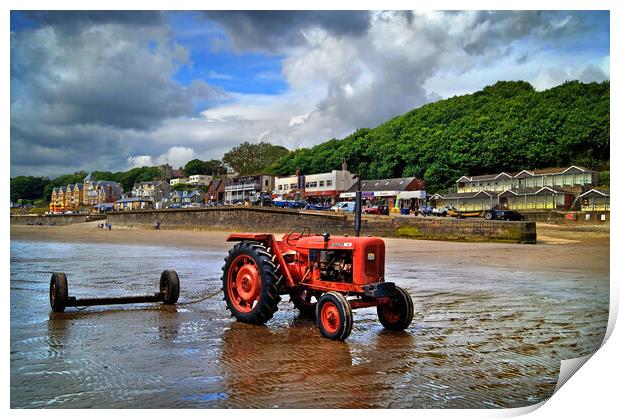 Tractor on Filey Beach Print by Darren Galpin