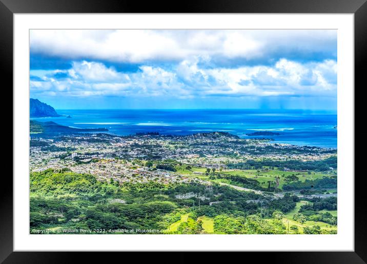 Colorful Kaneohe City Nuuanu Pali Outlook Oahu Hawaii Framed Mounted Print by William Perry