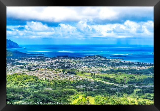 Colorful Kaneohe City Nuuanu Pali Outlook Oahu Hawaii Framed Print by William Perry