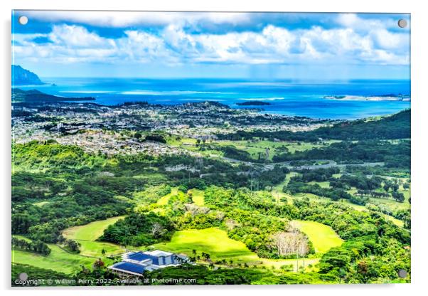 Colorful Kaneohe City Nuuanu Pali Outlook Oahu Hawaii Acrylic by William Perry