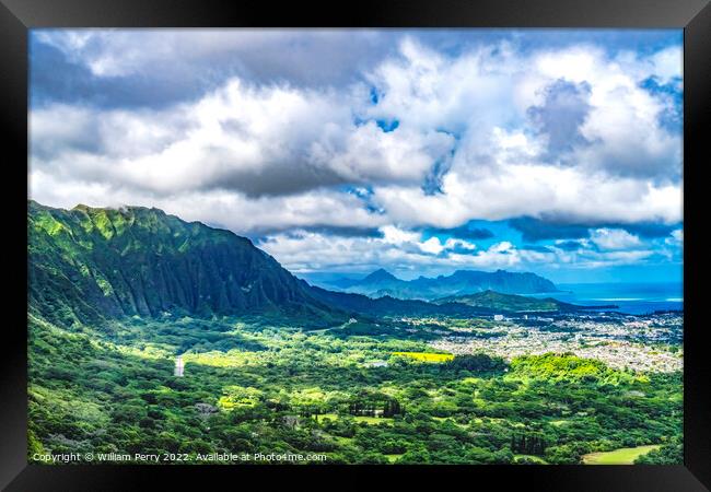 Kaneohe City Nuuanu Pali Outlook Green Mountains Oahu Hawaii Framed Print by William Perry