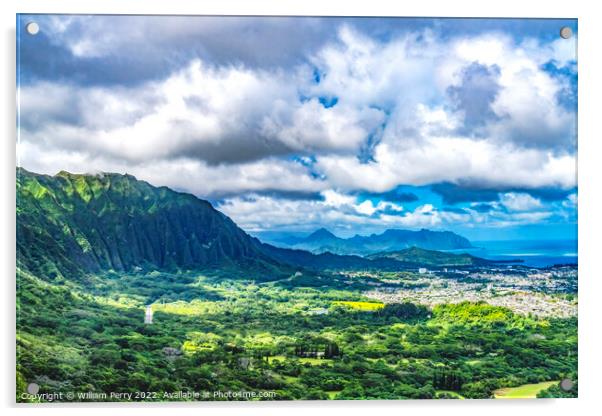 Kaneohe City Nuuanu Pali Outlook Green Mountains Oahu Hawaii Acrylic by William Perry