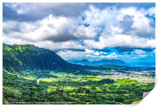 Kaneohe City Nuuanu Pali Outlook Green Mountains Oahu Hawaii Print by William Perry