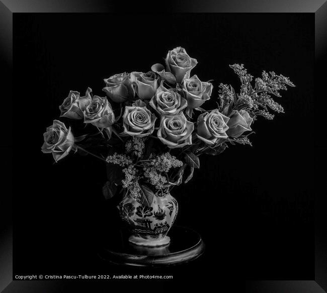 Vase with roses monochrome Framed Print by Cristina Pascu-Tulbure