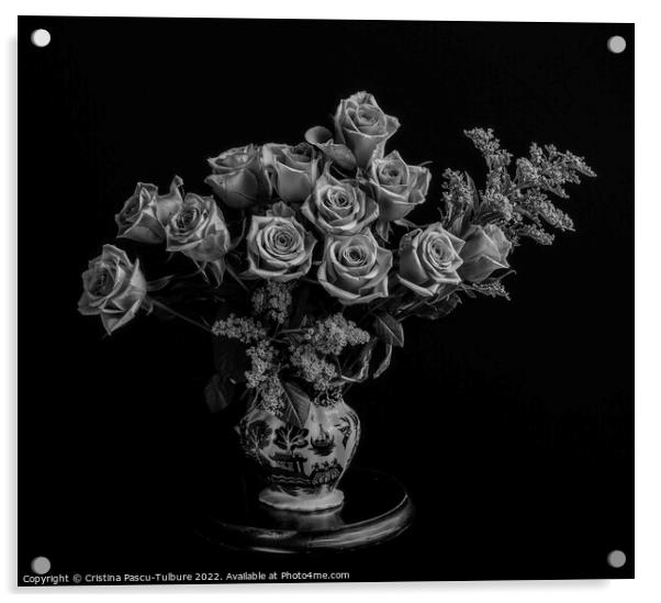 Vase with roses monochrome Acrylic by Cristina Pascu-Tulbure