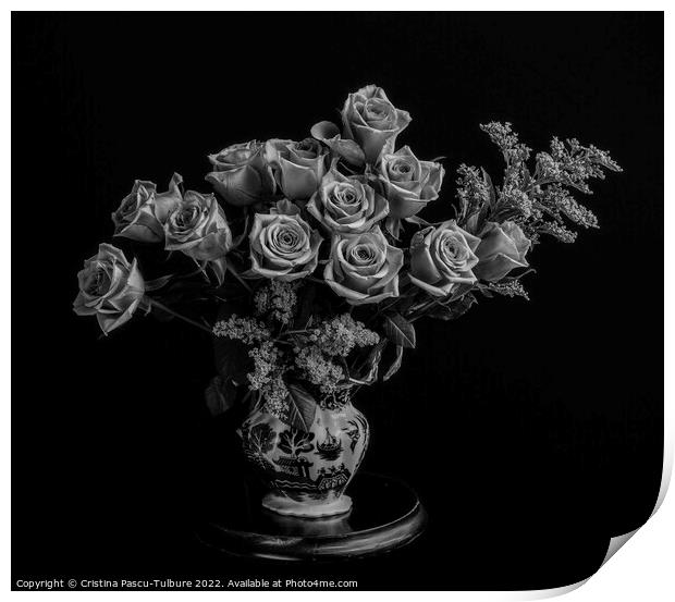 Vase with roses monochrome Print by Cristina Pascu-Tulbure