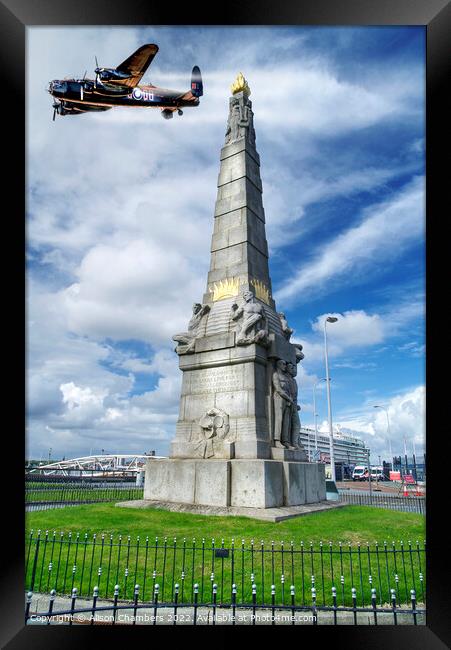 Liverpool War Memorial & Lancaster Bomber Framed Print by Alison Chambers