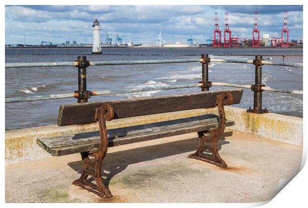 Bench facing out towards Liverpool Bay Print by Jason Wells