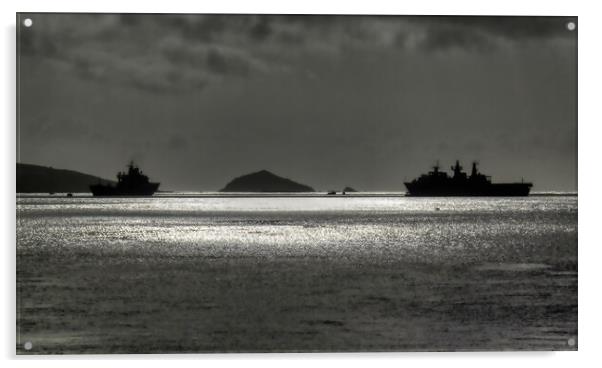 Battle-ready warships in Plymouth Sound Acrylic by Roger Mechan