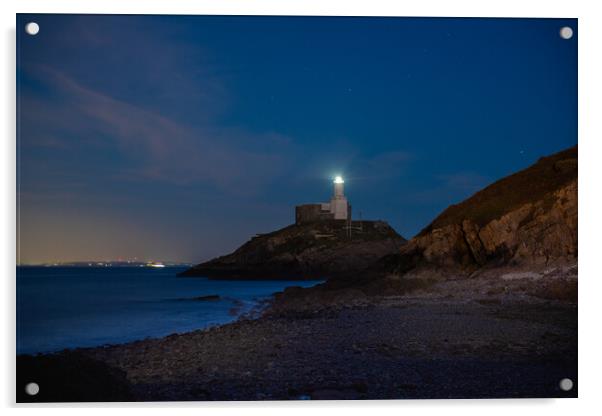 Mumbles lighthouse at night Acrylic by Bryn Morgan