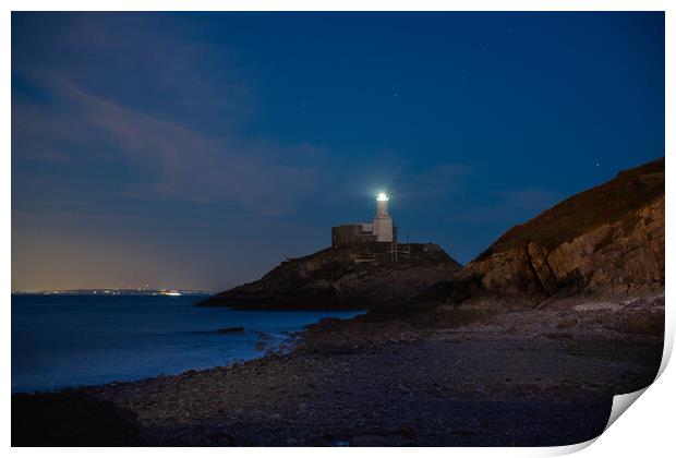 Mumbles lighthouse at night Print by Bryn Morgan