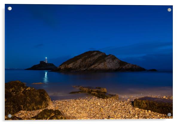 Mumbles lighthouse at night Acrylic by Bryn Morgan