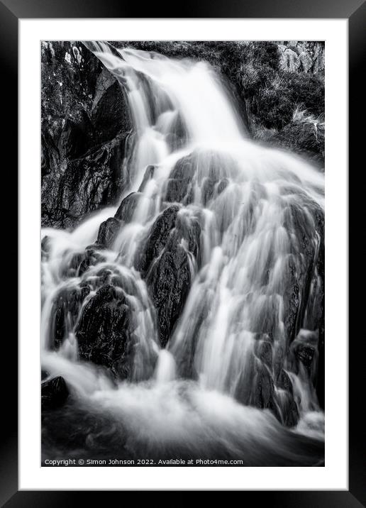 waterfall Monochrome Framed Mounted Print by Simon Johnson