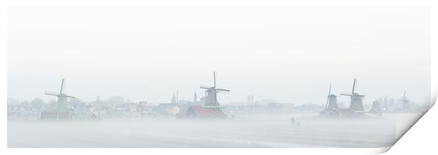 Zaanse Schans windmills in the mist Netherlands Holland Print by Sonny Ryse