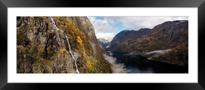 Aerial Naeroyfjord Fjord Autumn Waterfall Clouds Aurland Vestland Norway Framed Mounted Print by Sonny Ryse
