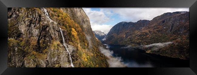 Aerial Naeroyfjord Fjord Autumn Waterfall Clouds Aurland Vestland Norway Framed Print by Sonny Ryse