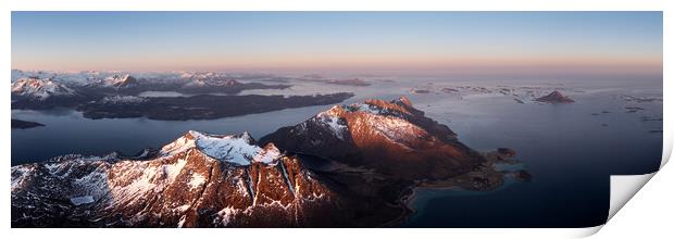 Åmnøya island at sunrise nordland norway aerial drone Print by Sonny Ryse