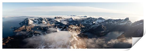 Aerial of Flakstadoya Moutnains and selfjorden lofoten islands norway Print by Sonny Ryse