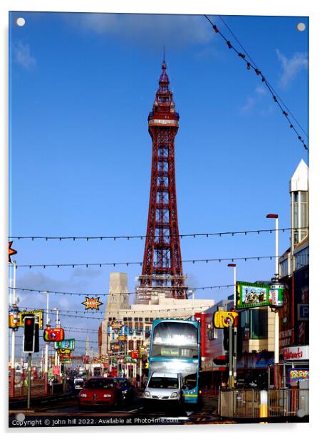 Blackpool Tower and seafront, Lancashire, UK. Acrylic by john hill