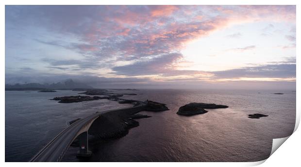 Atlantic Ocean road aerial sunset norway Print by Sonny Ryse