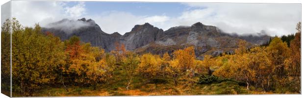 Bjorntinden Nusfjord autumn trees Lofoten Islands Canvas Print by Sonny Ryse
