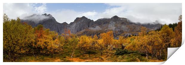 Bjorntinden Nusfjord autumn trees Lofoten Islands Print by Sonny Ryse