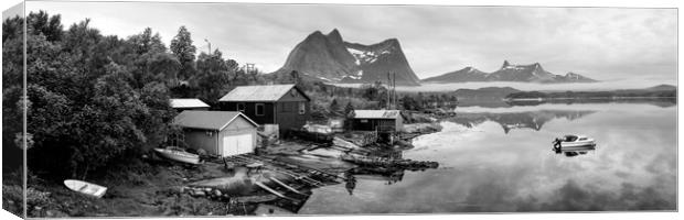 Efjord Norwegian Boathouses Black and white Nordland Norway Canvas Print by Sonny Ryse