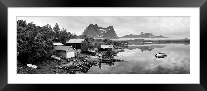 Efjord Norwegian Boathouses Black and white Nordland Norway Framed Mounted Print by Sonny Ryse