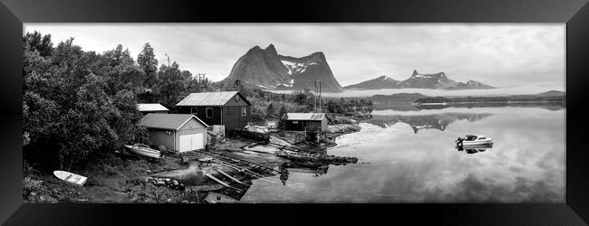 Efjord Norwegian Boathouses Black and white Nordland Norway Framed Print by Sonny Ryse