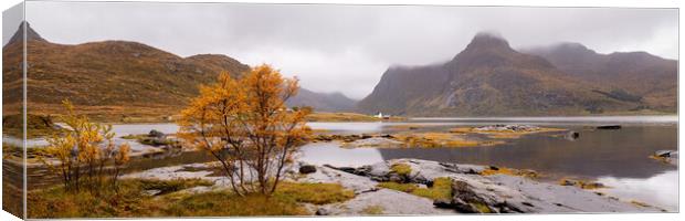 Flakstadoya Flakstadpollen Bay and Mountains in Fall Lofoten Isl Canvas Print by Sonny Ryse