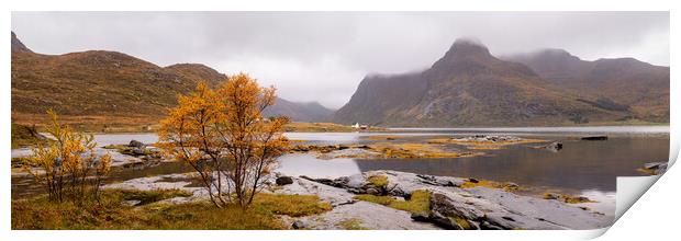 Flakstadoya Flakstadpollen Bay and Mountains in Fall Lofoten Isl Print by Sonny Ryse