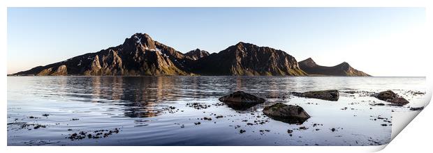 Flakstadoya Mountains and Fjord Lofoten Islands Print by Sonny Ryse