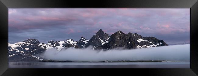 Flakstadoya Stortinden mountain and mist at sunsrise Lofoten Isl Framed Print by Sonny Ryse