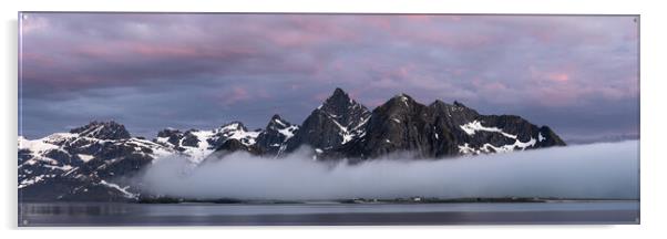 Flakstadoya Stortinden mountain and mist at sunsrise Lofoten Isl Acrylic by Sonny Ryse