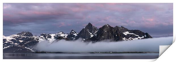 Flakstadoya Stortinden mountain and mist at sunsrise Lofoten Isl Print by Sonny Ryse