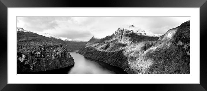 Geirangerfjord Fjord Aerial Norway black and white Framed Mounted Print by Sonny Ryse