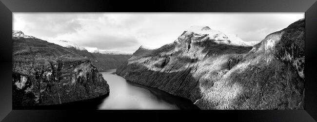 Geirangerfjord Fjord Aerial Norway black and white Framed Print by Sonny Ryse