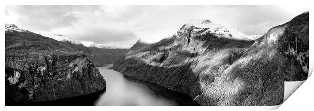 Geirangerfjord Fjord Aerial Norway black and white Print by Sonny Ryse