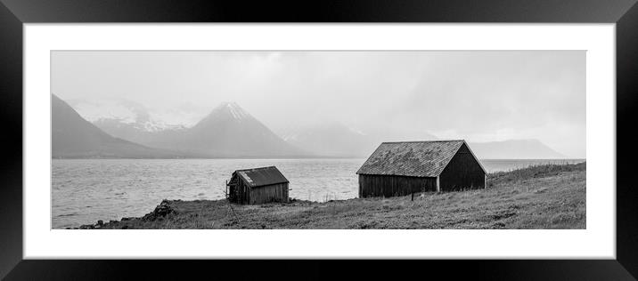 Godfjorden Fjord Norwegian Huts Black and white Vesteralen Framed Mounted Print by Sonny Ryse