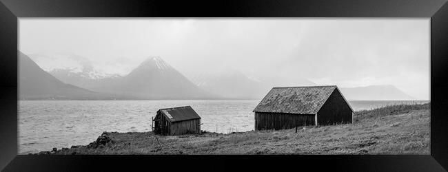 Godfjorden Fjord Norwegian Huts Black and white Vesteralen Framed Print by Sonny Ryse