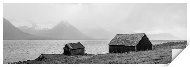 Godfjorden Fjord Norwegian Huts Black and white Vesteralen Print by Sonny Ryse
