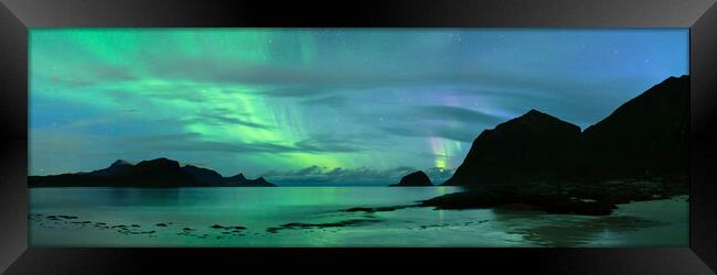 Aurora Borealis Haukland Beach Lofoten Islands Framed Print by Sonny Ryse