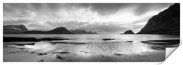 Haukland beach sand patterns Lofoten islands black and white Nor Print by Sonny Ryse