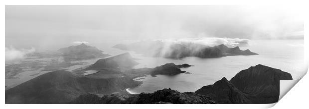 Himmeltindan mountain view mist Black and white Lofoten Islands Print by Sonny Ryse