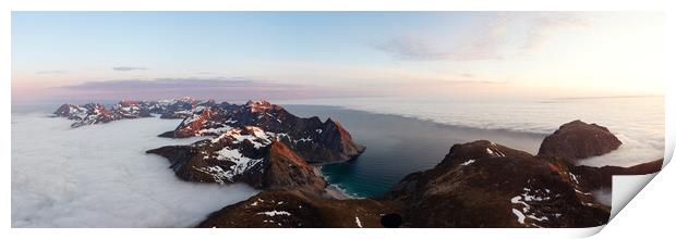 Kvalvika Beach aerial Moskenesoya mountains Lofoten Islands cloud inversion norway Print by Sonny Ryse