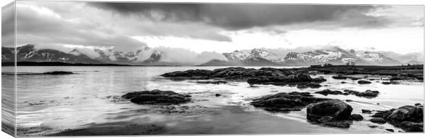 Knutsad beach and mountains vestvagoy lofoten islands black and  Canvas Print by Sonny Ryse