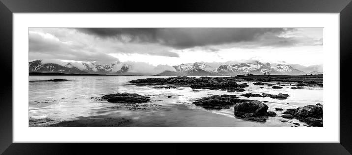 Knutsad beach and mountains vestvagoy lofoten islands black and  Framed Mounted Print by Sonny Ryse