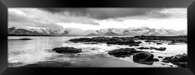 Knutsad beach and mountains vestvagoy lofoten islands black and  Framed Print by Sonny Ryse