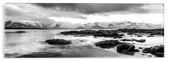 Knutsad beach and mountains vestvagoy lofoten islands black and  Acrylic by Sonny Ryse